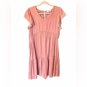 Pink Ruffle Sleeve Dress by Sunshine Swing-V Neck-Flutter Sleeves-Size Large